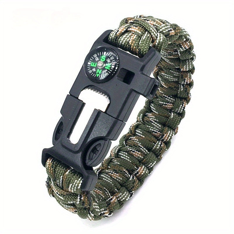 Pulseira de Sobrevivência 5 em 1 – com Bússola, Apito, Iniciador de Fogo, Ferramenta de Corte e Corda de Emergência | Ideal para Caminhadas e Campismo