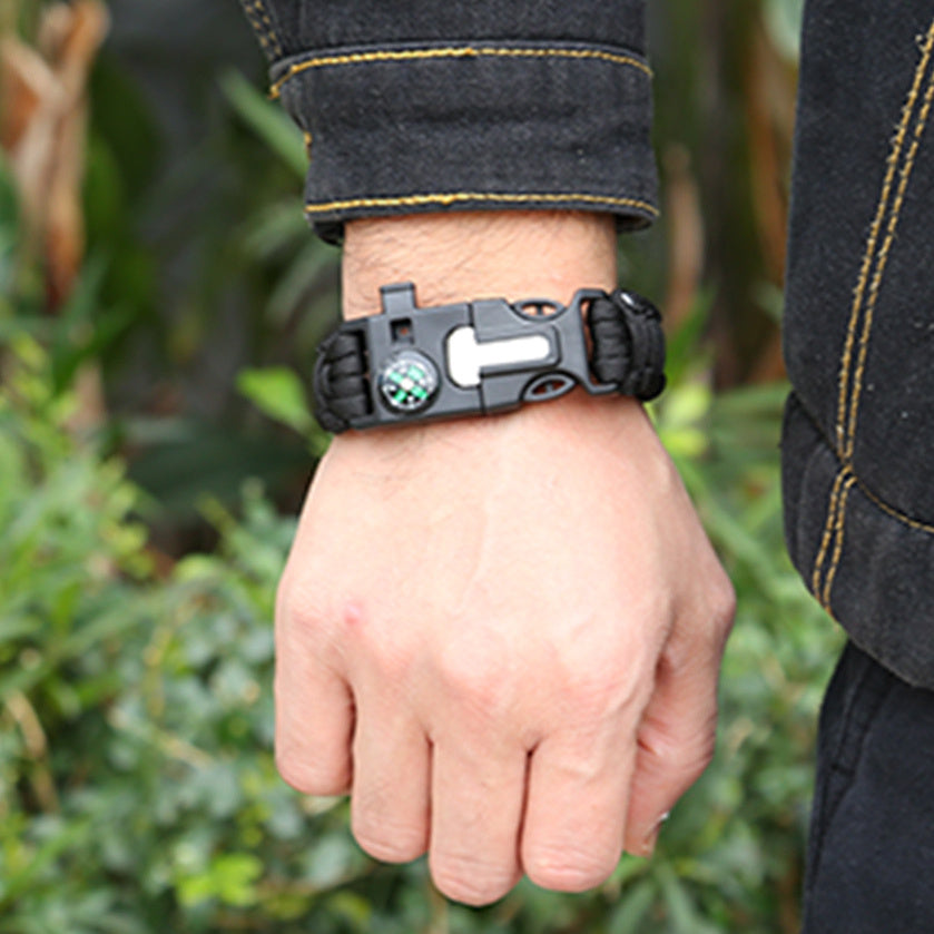 Pulseira de Sobrevivência 5 em 1 – com Bússola, Apito, Iniciador de Fogo, Ferramenta de Corte e Corda de Emergência | Ideal para Caminhadas e Campismo