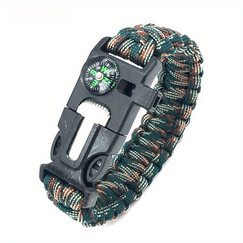 Pulseira de Sobrevivência 5 em 1 – com Bússola, Apito, Iniciador de Fogo, Ferramenta de Corte e Corda de Emergência | Ideal para Caminhadas e Campismo