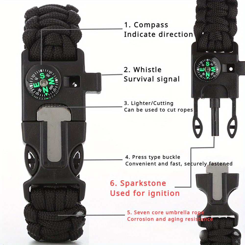 Pulseira de Sobrevivência 5 em 1 – com Bússola, Apito, Iniciador de Fogo, Ferramenta de Corte e Corda de Emergência | Ideal para Caminhadas e Campismo
