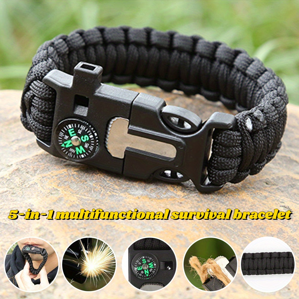 Pulseira de Sobrevivência 5 em 1 – com Bússola, Apito, Iniciador de Fogo, Ferramenta de Corte e Corda de Emergência | Ideal para Caminhadas e Campismo