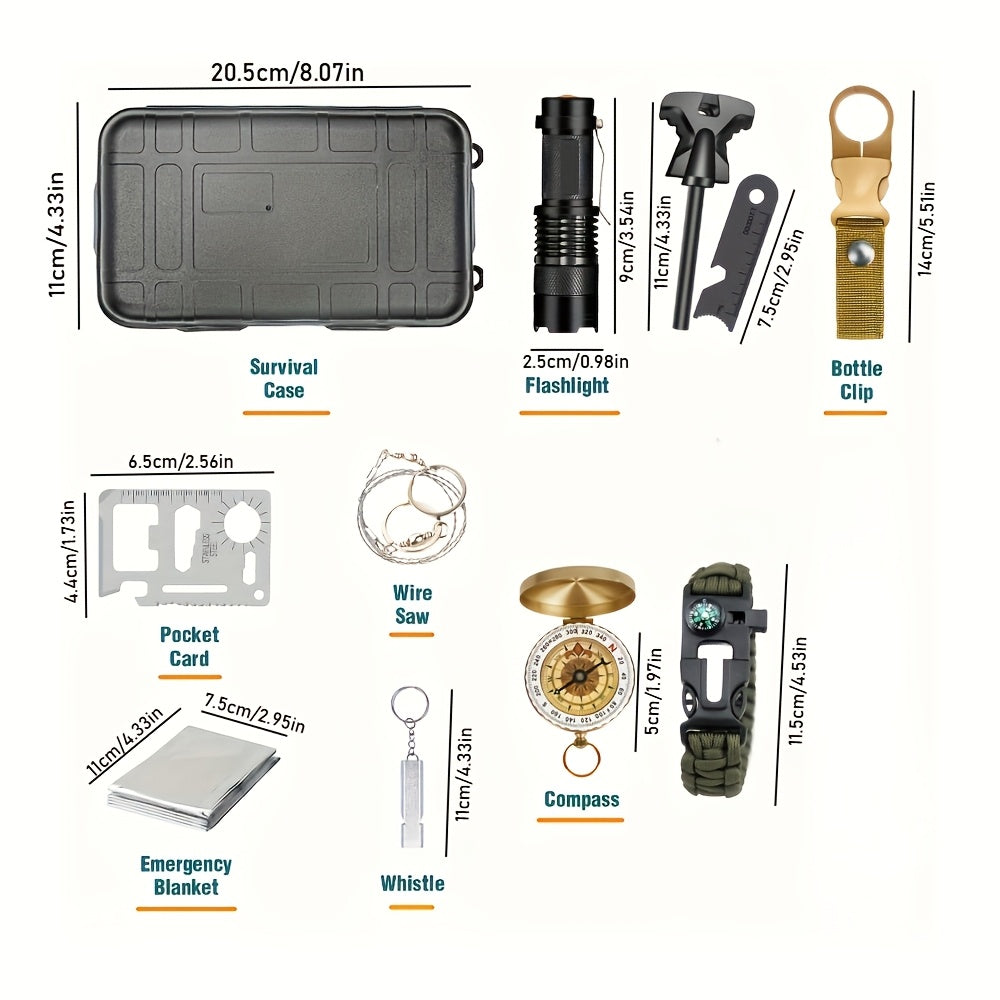 Kit de Sobrevivência 11 em 1 – Equipamento Tático com Multifunções: Ferramenta Multiuso, Bússola, Lanterna, Iniciador de Fogo e Muito Mais | Estojo Resistente Preto | Ideal para Campismo, Caminhadas e Aventuras ao Ar Livre