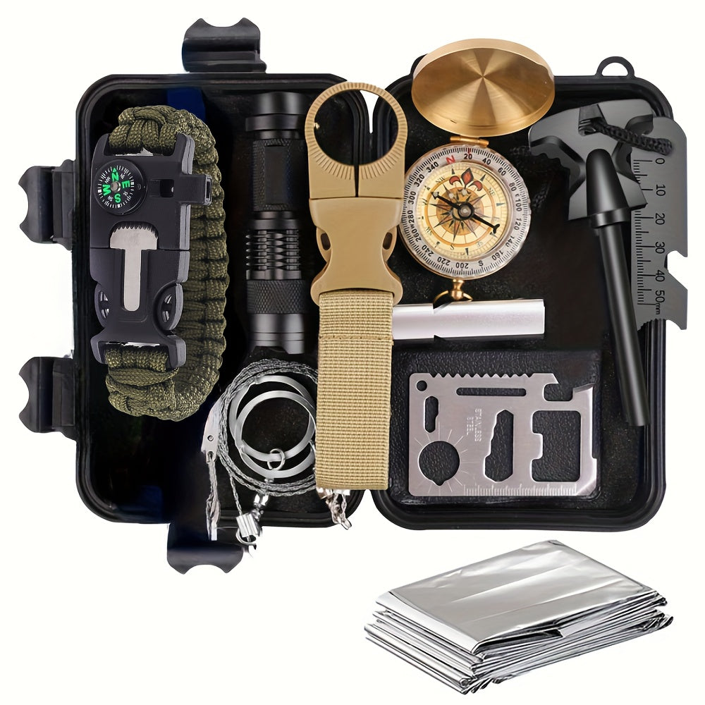 Kit de Sobrevivência 11 em 1 – Equipamento Tático com Multifunções: Ferramenta Multiuso, Bússola, Lanterna, Iniciador de Fogo e Muito Mais | Estojo Resistente Preto | Ideal para Campismo, Caminhadas e Aventuras ao Ar Livre