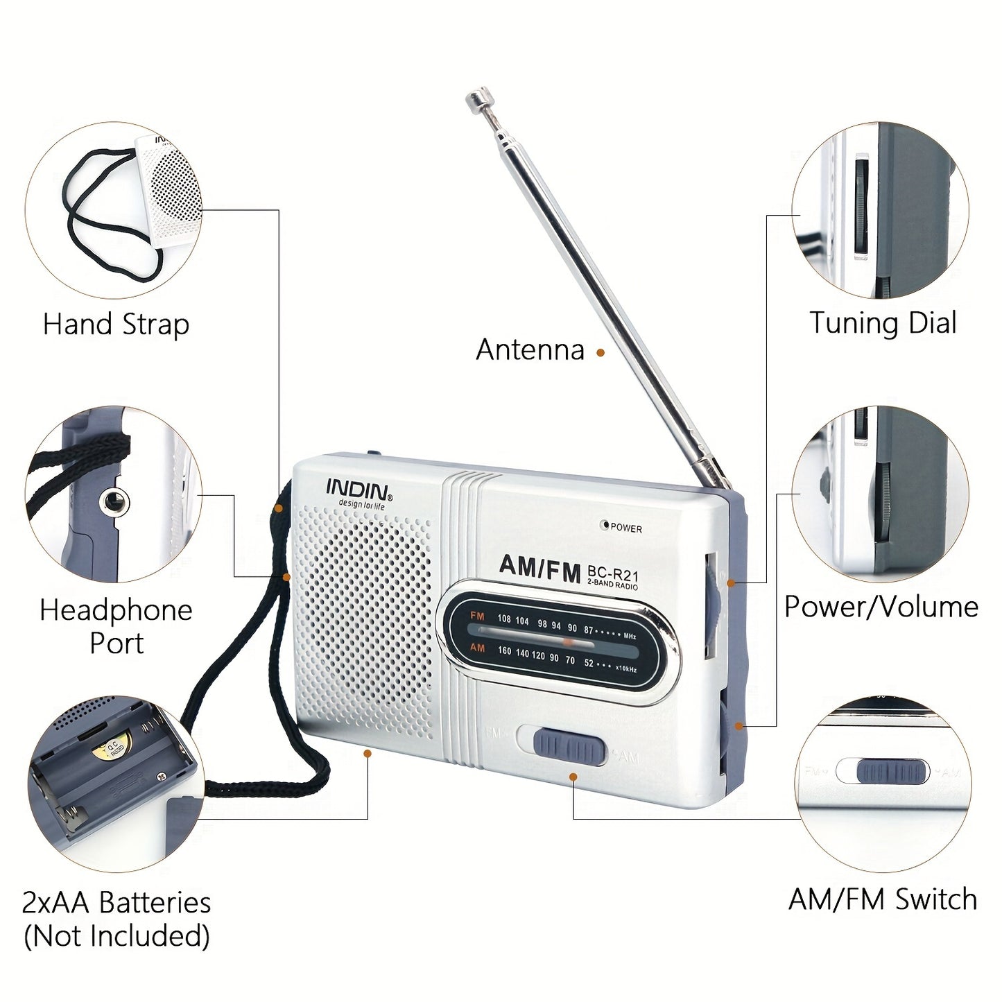 Rádio Portátil AM/FM – Mini Rádio Clássico com Antena Telescópica, Altifalante Integrado e Entrada para Auriculares