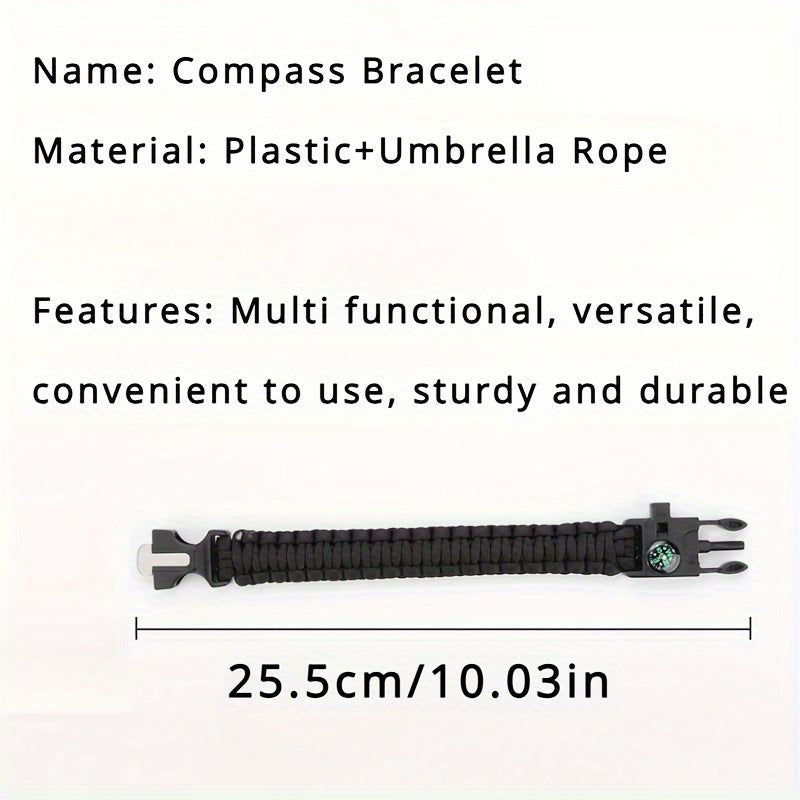 Pulseira de Sobrevivência 5 em 1 – com Bússola, Apito, Iniciador de Fogo, Ferramenta de Corte e Corda de Emergência | Ideal para Caminhadas e Campismo