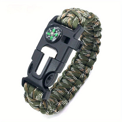 Pulseira de Sobrevivência 5 em 1 – com Bússola, Apito, Iniciador de Fogo, Ferramenta de Corte e Corda de Emergência | Ideal para Caminhadas e Campismo
