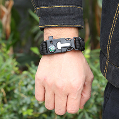 Pulseira de Sobrevivência 5 em 1 – com Bússola, Apito, Iniciador de Fogo, Ferramenta de Corte e Corda de Emergência | Ideal para Caminhadas e Campismo