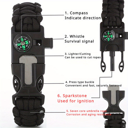 Pulseira de Sobrevivência 5 em 1 – com Bússola, Apito, Iniciador de Fogo, Ferramenta de Corte e Corda de Emergência | Ideal para Caminhadas e Campismo