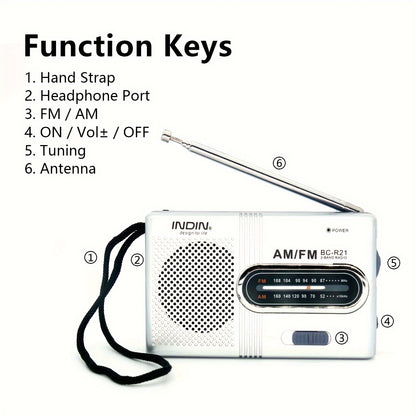 Rádio Portátil AM/FM – Mini Rádio Clássico com Antena Telescópica, Altifalante Integrado e Entrada para Auriculares