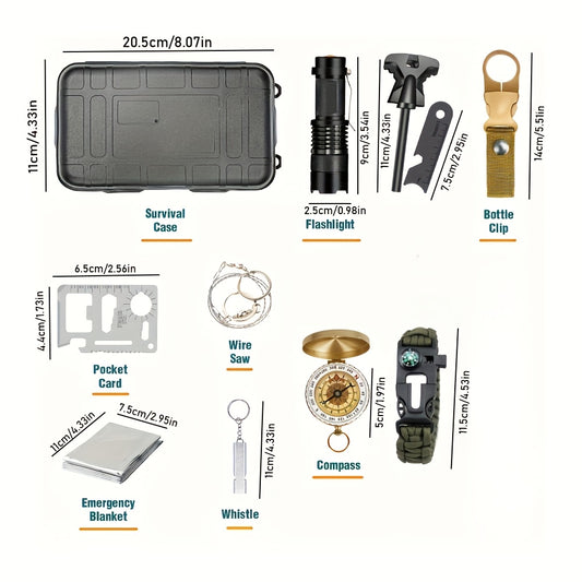Kit de Sobrevivência 11 em 1 – Equipamento Tático com Multifunções: Ferramenta Multiuso, Bússola, Lanterna, Iniciador de Fogo e Muito Mais | Estojo Resistente Preto | Ideal para Campismo, Caminhadas e Aventuras ao Ar Livre