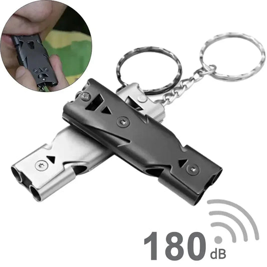 Apito de Sobrevivência Duplo Aço Inoxidável 180dB – Camping, Caça, Emergência, Outdoor