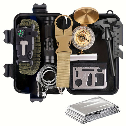 Kit de Sobrevivência 11 em 1 – Equipamento Tático com Multifunções: Ferramenta Multiuso, Bússola, Lanterna, Iniciador de Fogo e Muito Mais | Estojo Resistente Preto | Ideal para Campismo, Caminhadas e Aventuras ao Ar Livre