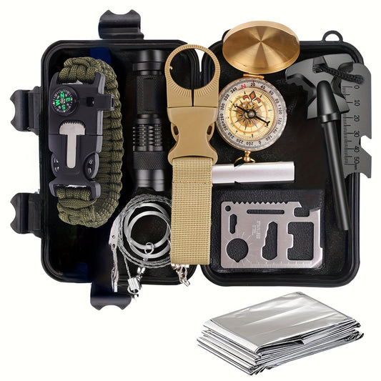 Kit de Sobrevivência 11 em 1 – Equipamento Tático com Multifunções: Ferramenta Multiuso, Bússola, Lanterna, Iniciador de Fogo e Muito Mais | Estojo Resistente Preto | Ideal para Campismo, Caminhadas e Aventuras ao Ar Livre